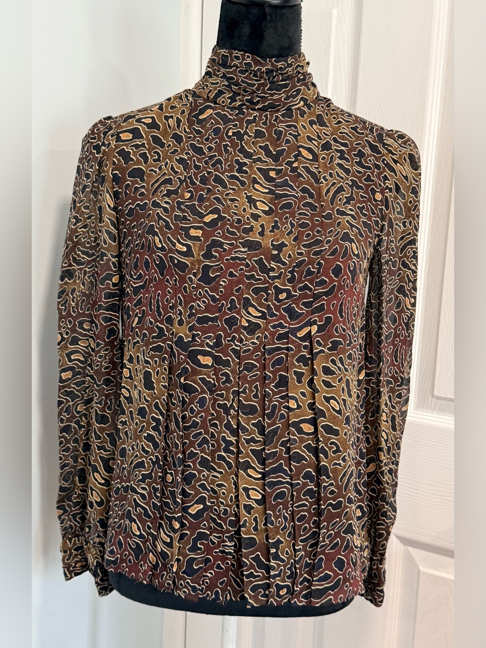 Tory Burch Brown, Black & Tan Animal-Print Mock Neck Long Sleeve Top